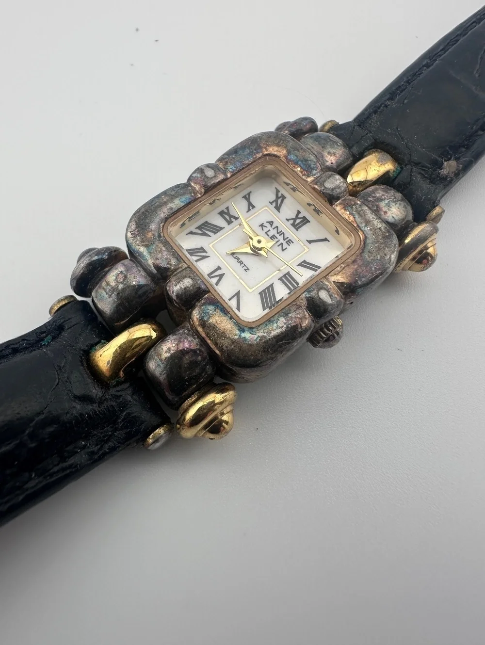 Vintage Anne Klein 29mm Two Tone Quartz Watch Black Leather Band